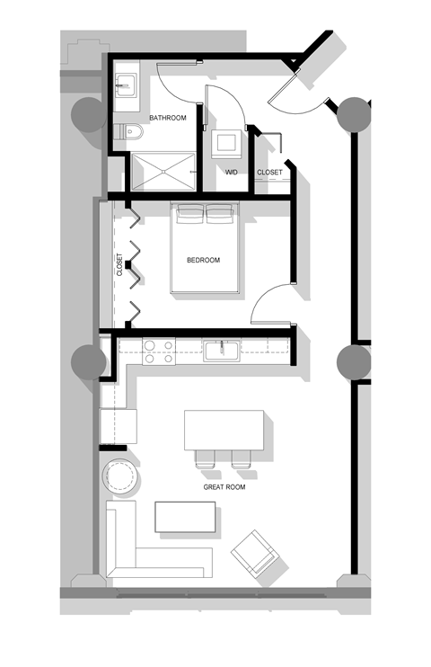 Floor plan for 1 bed, 1 bath, 685 sqft